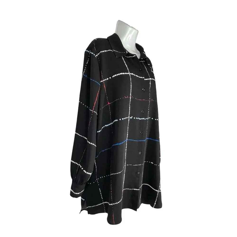 Investments Woman 2X Button Shirt Black Dotted Windowpane Long Sleeve Top Career